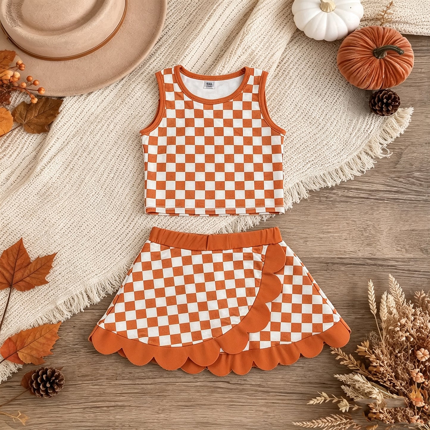 NEW RTS NO MOQ yoga fabric GSD4252 Baby Girls Orange Check Scallop Edge Vest Skort Active Clothes Set