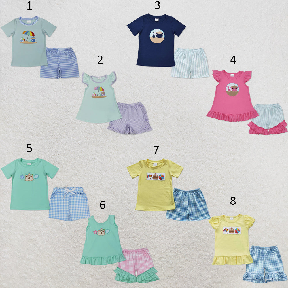 RTS NO MOQ Sibling milk silk Baby Girls Boys Casual Summer Beach Top Shorts Set