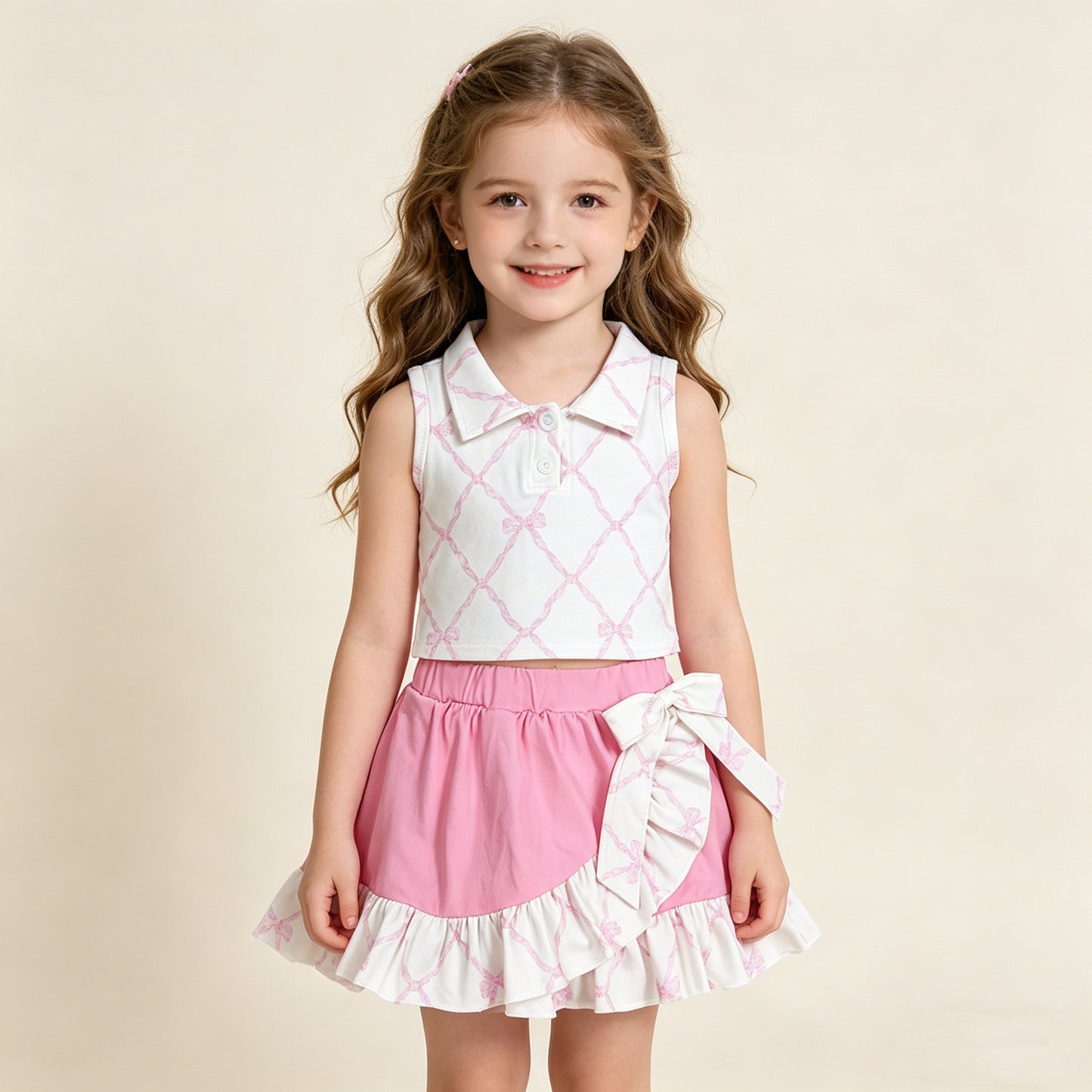 RTS NO MOQ GSD3479 Baby Girls Pink Checked Button Top Ruffle Skirt And Shorts Set with Bows Yoga Clothes for Kids