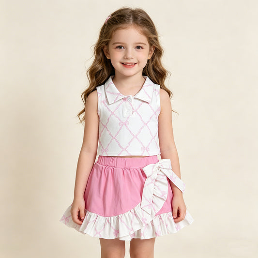 RTS NO MOQ GSD3479 Baby Girls Pink Checked Button Top Ruffle Skirt And Shorts Set with Bows Yoga Clothes for Kids