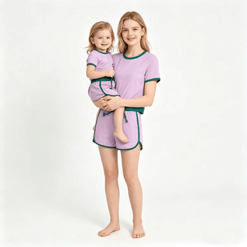 RTS NO MOQ Sibling  Mom And Me Pink  Short Sleeve Top Skirt Shorts for Summer Casual Wear Cotton Clothes Set
