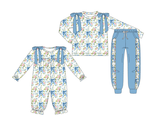 25.7.4 custom each style moq 5eta 4-6week Sibling Sisters bow floral baby girl long sleeve pants sets and rompers match family design