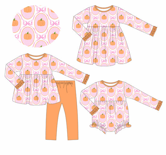 25.6.12 custom each style moq 5eta 4-6week Sibling Sisters pumpkin bow baby girl long sleeve pants sets and dress and rompers match family design