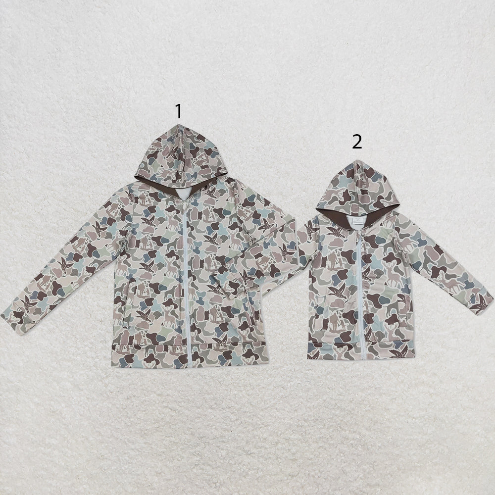 RTS NO MOQ milk silk Sibling Adult To Match Kids Dogs Deer Ducks Camo Print Pockets Zipper Hunting Hoodie Jackets Top Casual Top