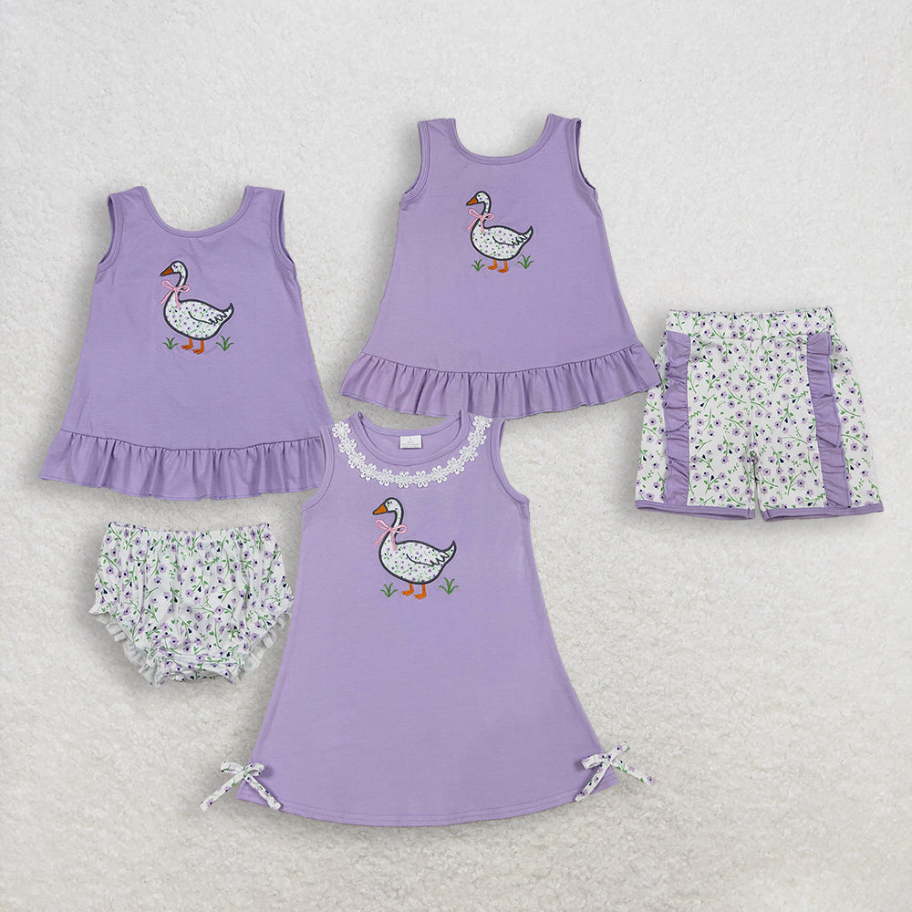 RTS NO MOQ Sibling Embroidery Floral Goose Baby Girls Sleeveless Tunic Bummies Set Tunic Ruffle Shorts Set Dresses