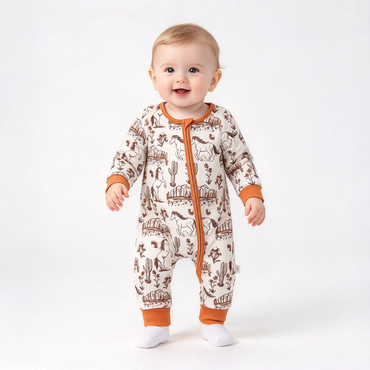 RTS NO MOQ Sibling milk silk Baby Boys Western Horse Cactus Print Hooded Shirt And Zipper Long Sleeve Romper