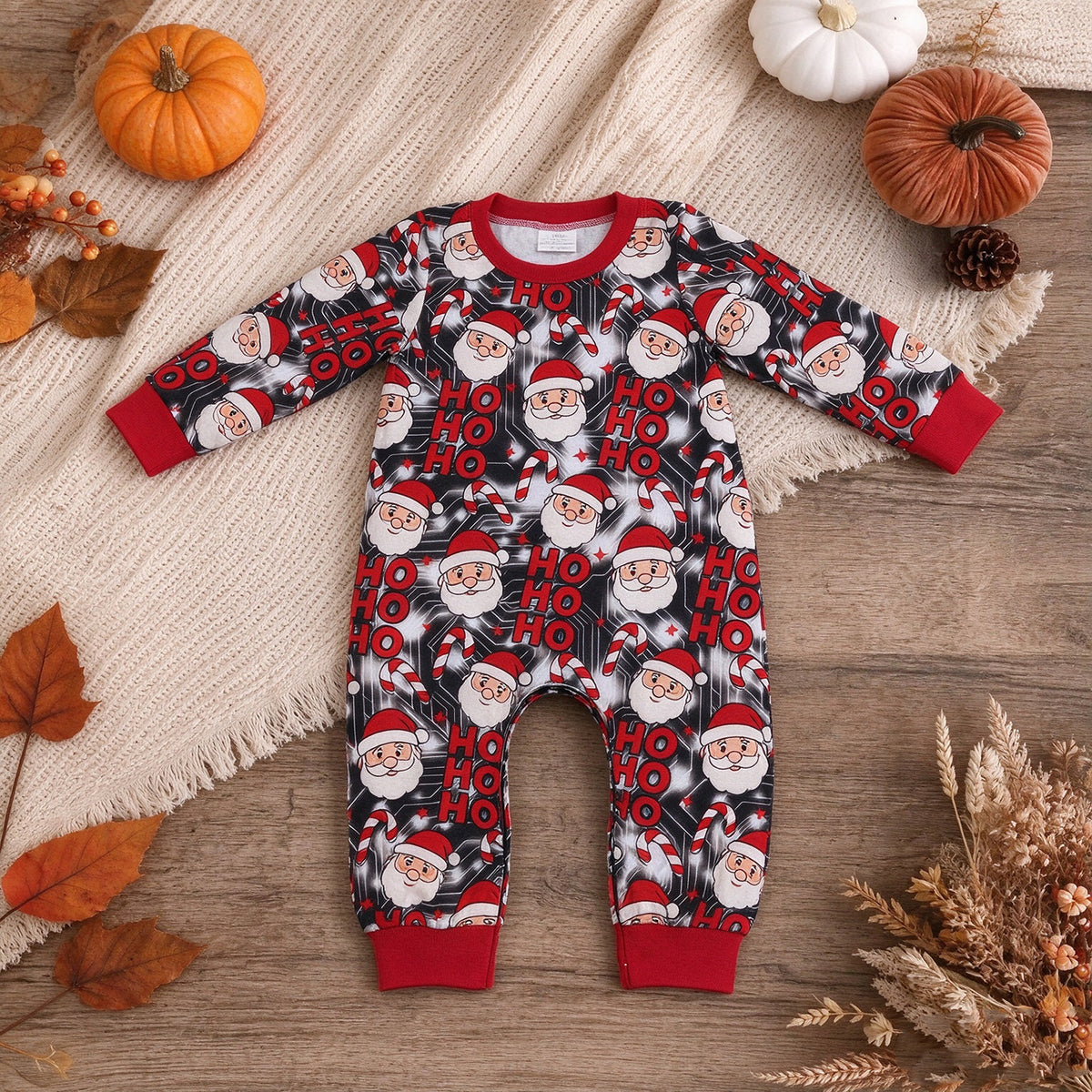 NEW RTS NO MOQ milk silk LR3162 Baby Boys Santa Candy Letter Print Long Sleeve Christmas Romper