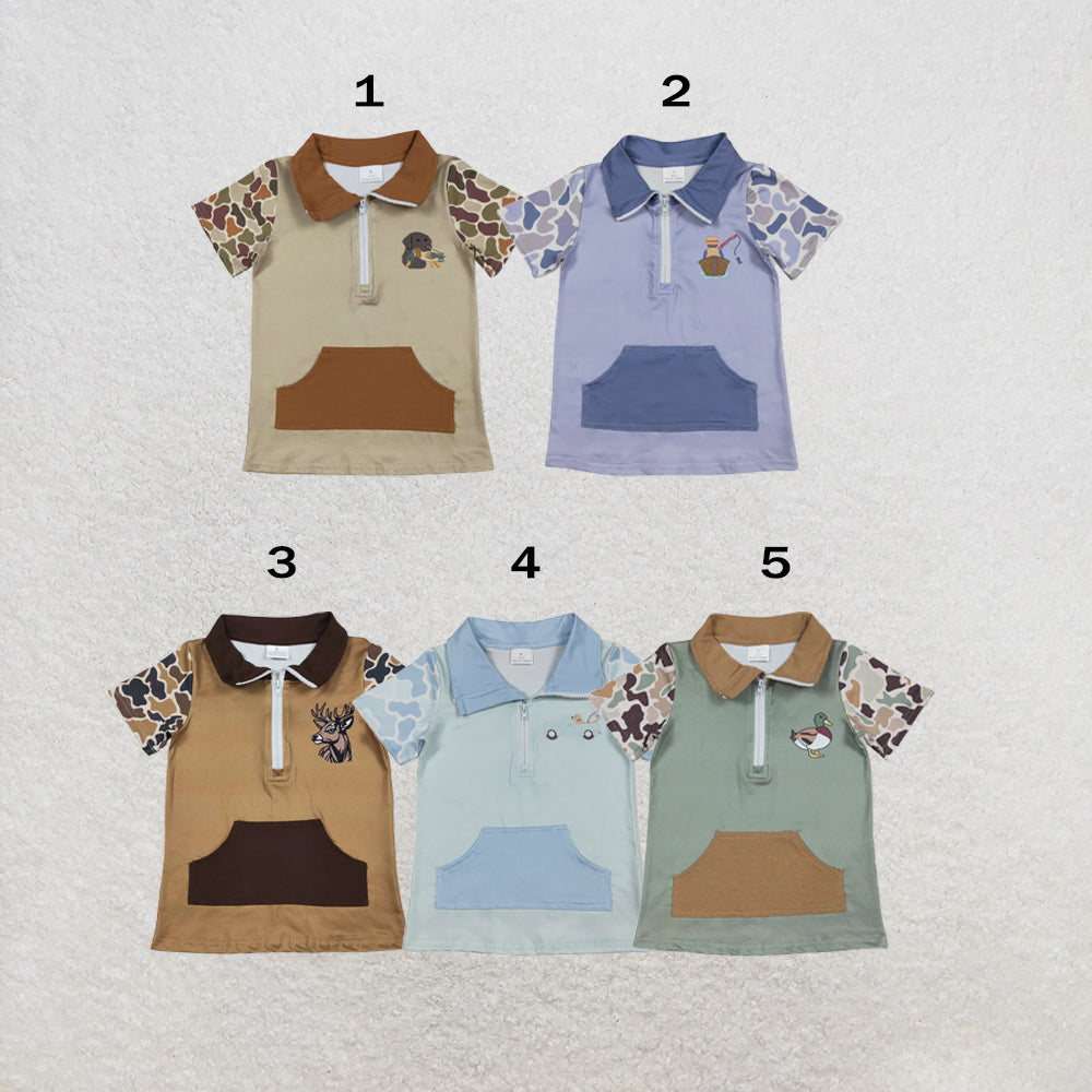 RTS NO MOQ Sibling milk silk Camo Dog Fishing Print Baby Boys Zipper Pocket Hunting Pullover Tops