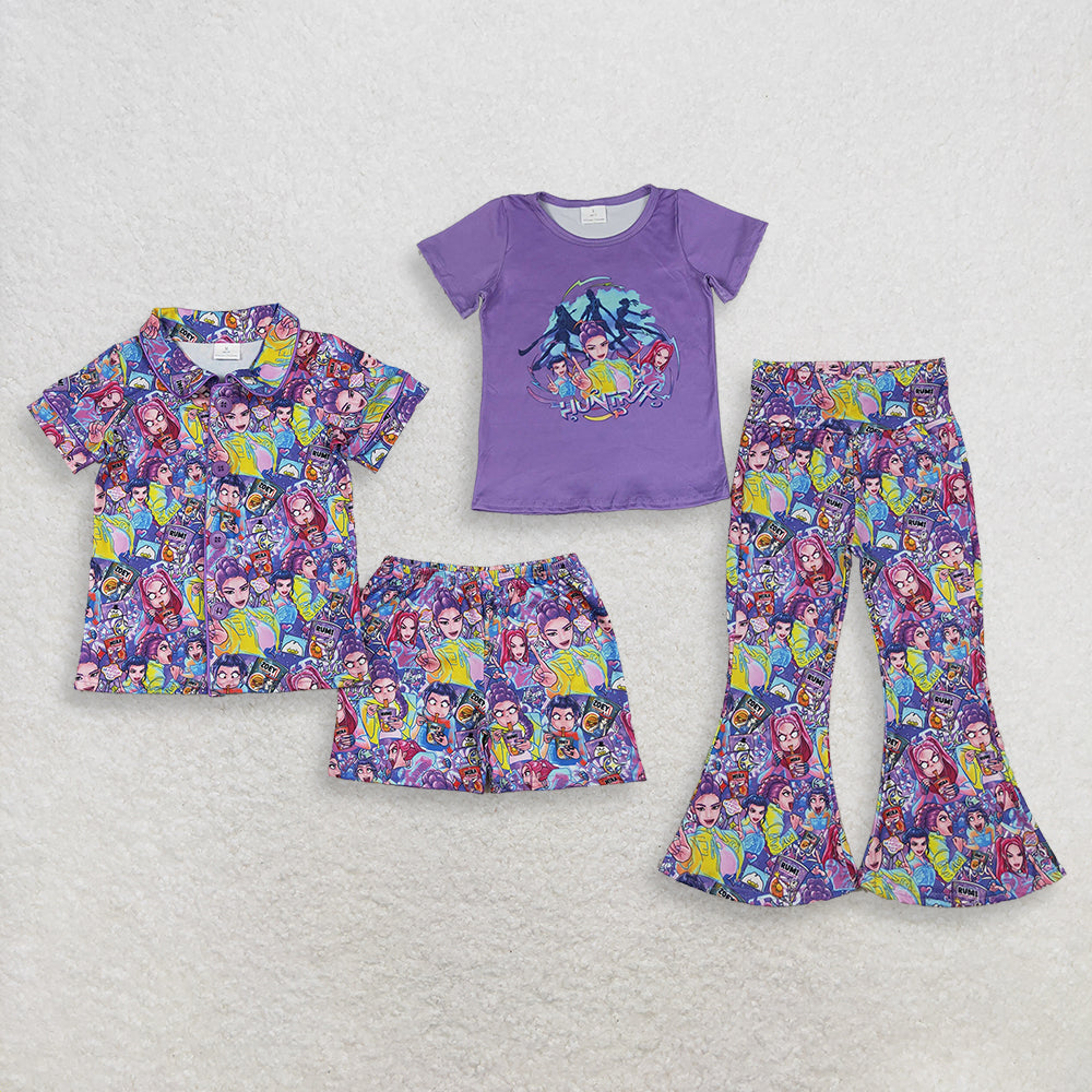 RTS NO MOQ Sibling Baby Girls Purple Top with Bell Bottom Pants Clothes Set Button Top Shorts Pajamas Sets