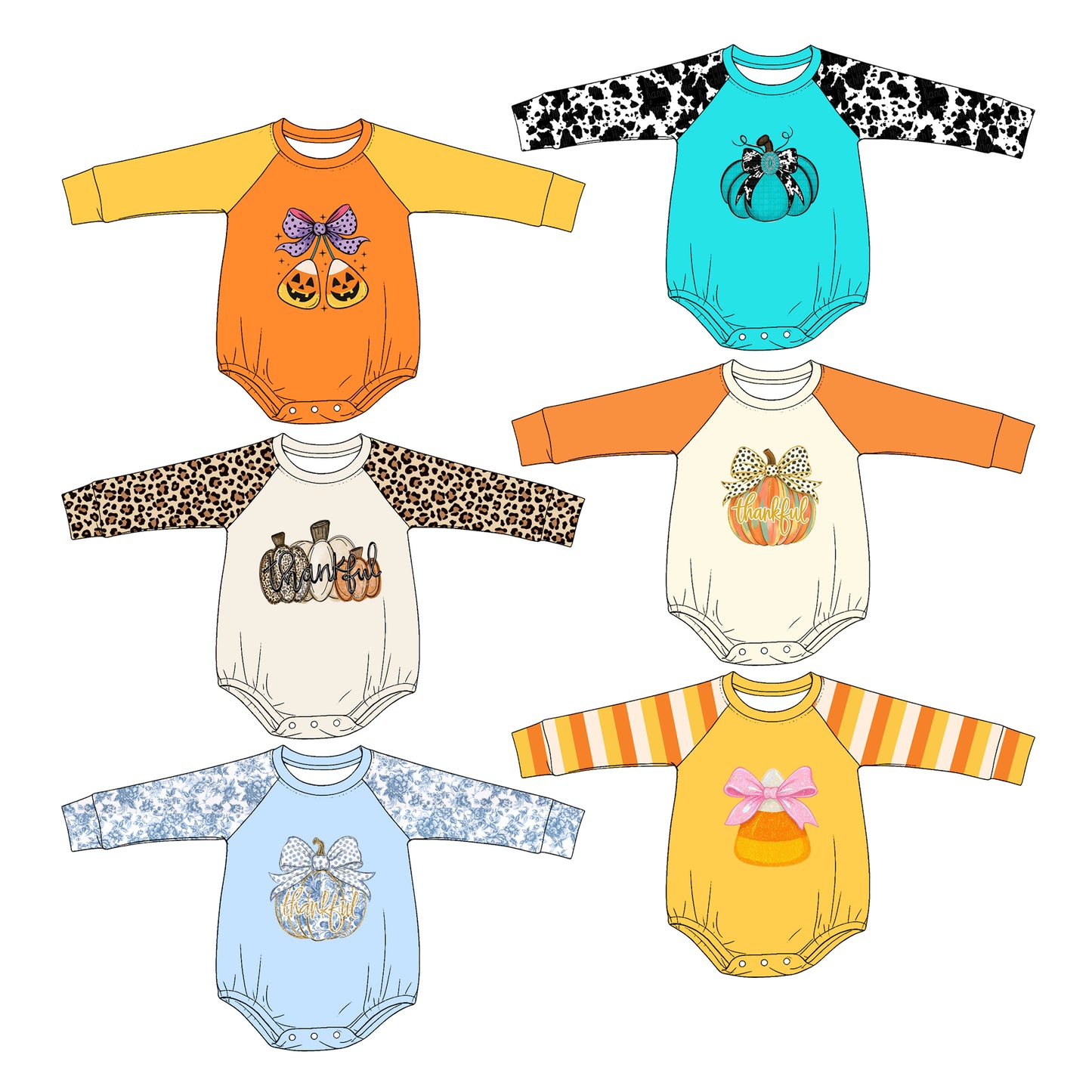 (Pre Order) No moq Baby Boys Casual Leopard Print Pumpkin Long Sleeve Thanksgiving Rompers