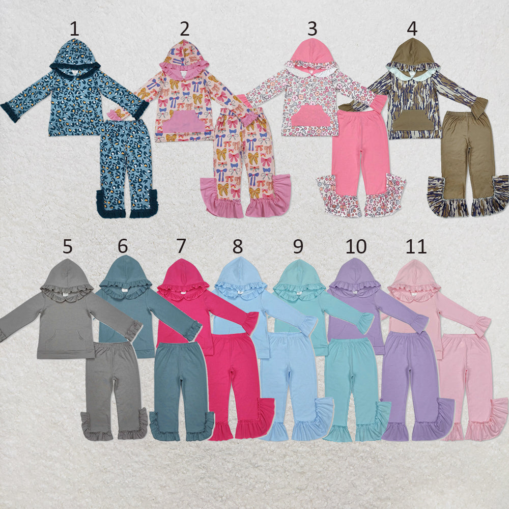 RTS NO MOQ Sibling milk silk Baby Girls Cute Hood Ruffle Top Bell Bottom Pants Clothes Set
