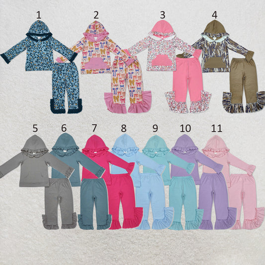RTS NO MOQ Sibling milk silk Baby Girls Cute Hood Ruffle Top Bell Bottom Pants Clothes Set