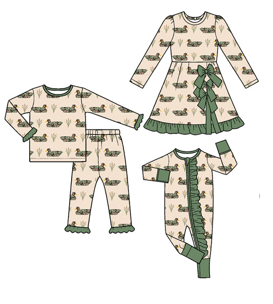 (Preorder new) No moq Baby Girls Duck Print Pajamas Set Yoga Short Bows Ruffle Knee Length Dress Ruffle Zipper Romper