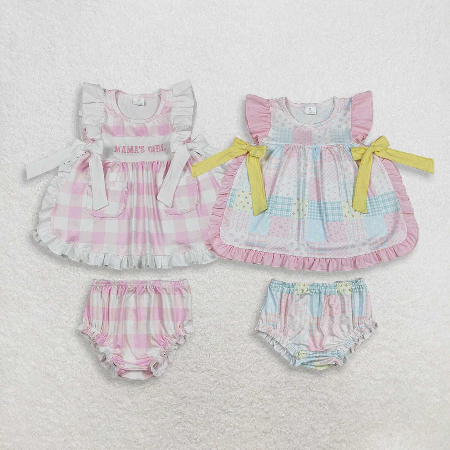 RTS NO MOQ milk silk Sibling Baby Girls Pink Checked Plaid Mama's Girl Embroidery Clothes Set