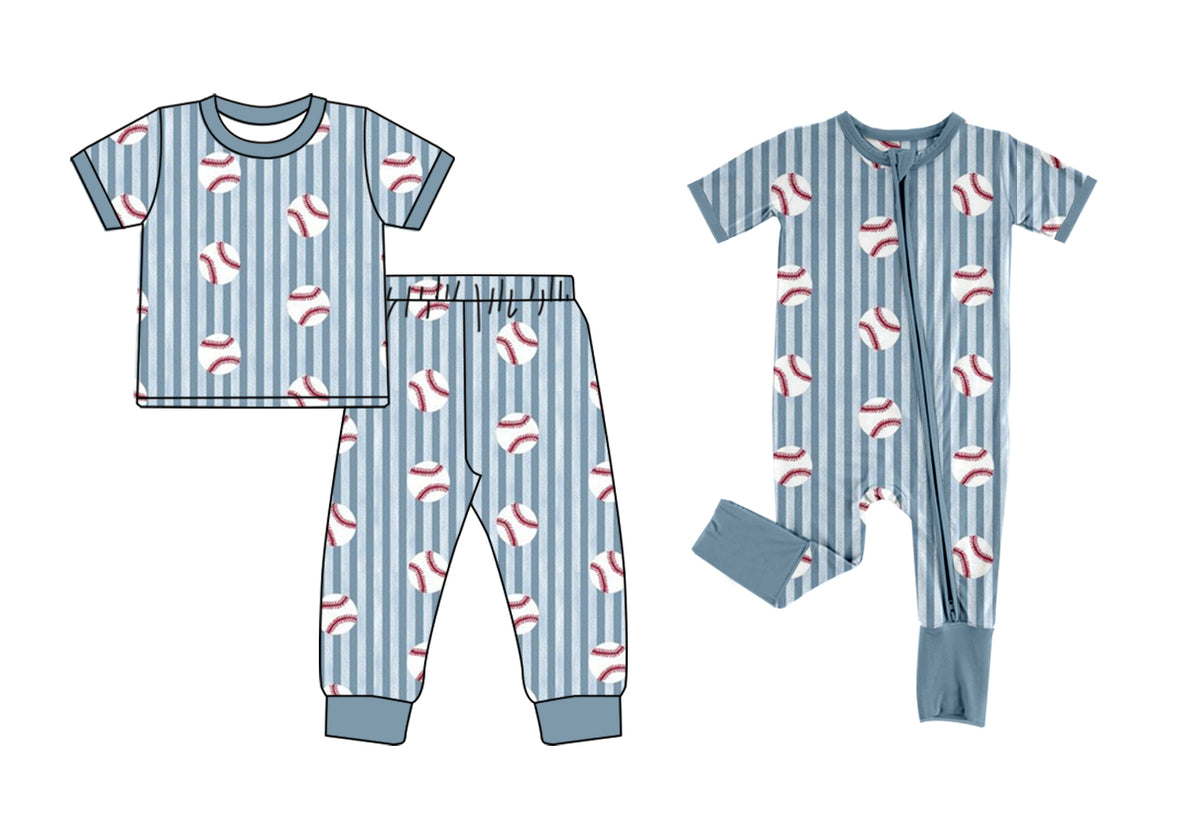 (Preorder new) No moq Baby Boys Blue Stripe Baseball Print Short Sleeve Pajama Set And Zipper Romper