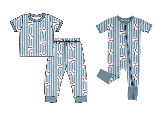 (Preorder new) No moq Baby Boys Blue Stripe Baseball Print Short Sleeve Pajama Set And Zipper Romper