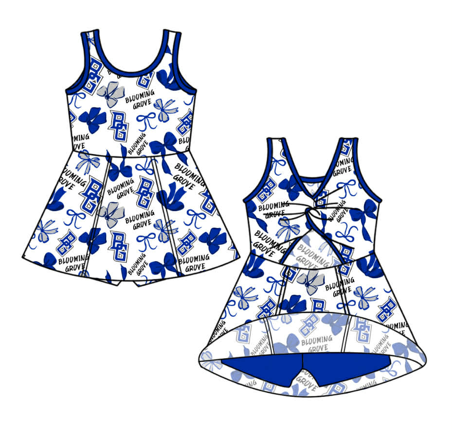 Custom moq 5 mix size milk silk summer teams  Baby Girl's Blue Bow Sleeveless BlueKnee-Length Yoga Dress