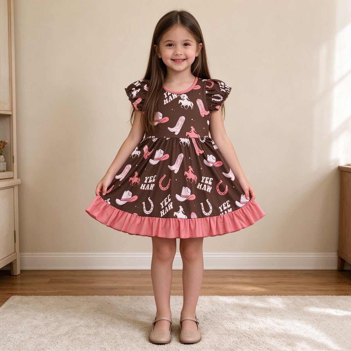 NEW RTS NO MOQ milk silk GSD0748 Baby Girls Cute Western Cowgirl Boots Ruffle Knee Length Casual Dresses