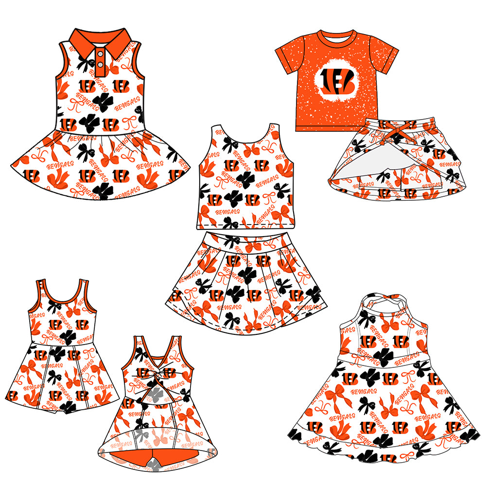 Custom moq 5 mix sizes summer teams baby girls clothes team orange short sleeve skirts shorts sets 1 and skirts sets 2 and dress 1 and dress 2 and dress 3 and dress 4-25.6.11