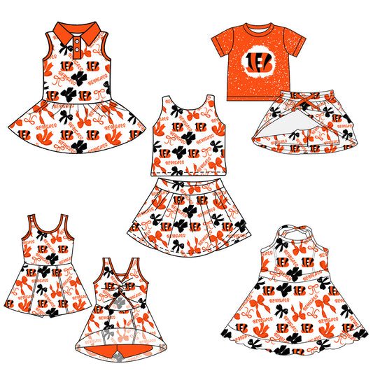 Custom moq 5 mix sizes summer teams baby girls clothes team orange short sleeve skirts shorts sets 1 and skirts sets 2 and dress 1 and dress 2 and dress 3 and dress 4-25.6.11