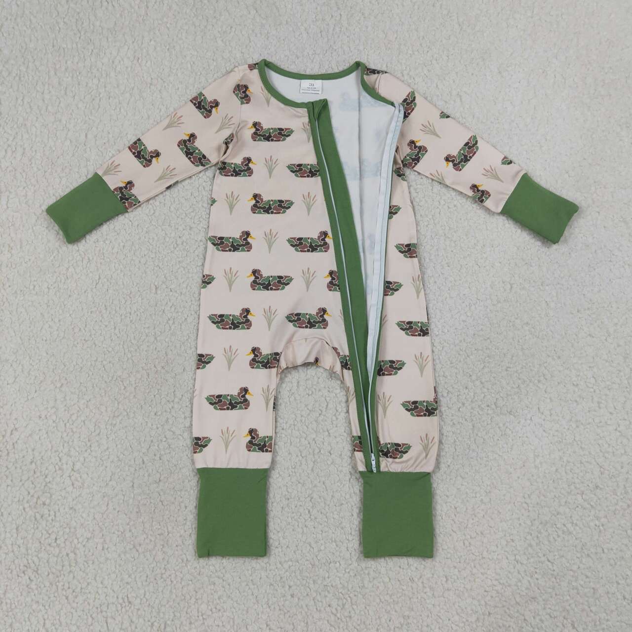 NEW RTS NO MOQ milk silk LR3117 Baby Boys Camouflage Duck Long Sleeve Two Way Zipper Convertible Rompers