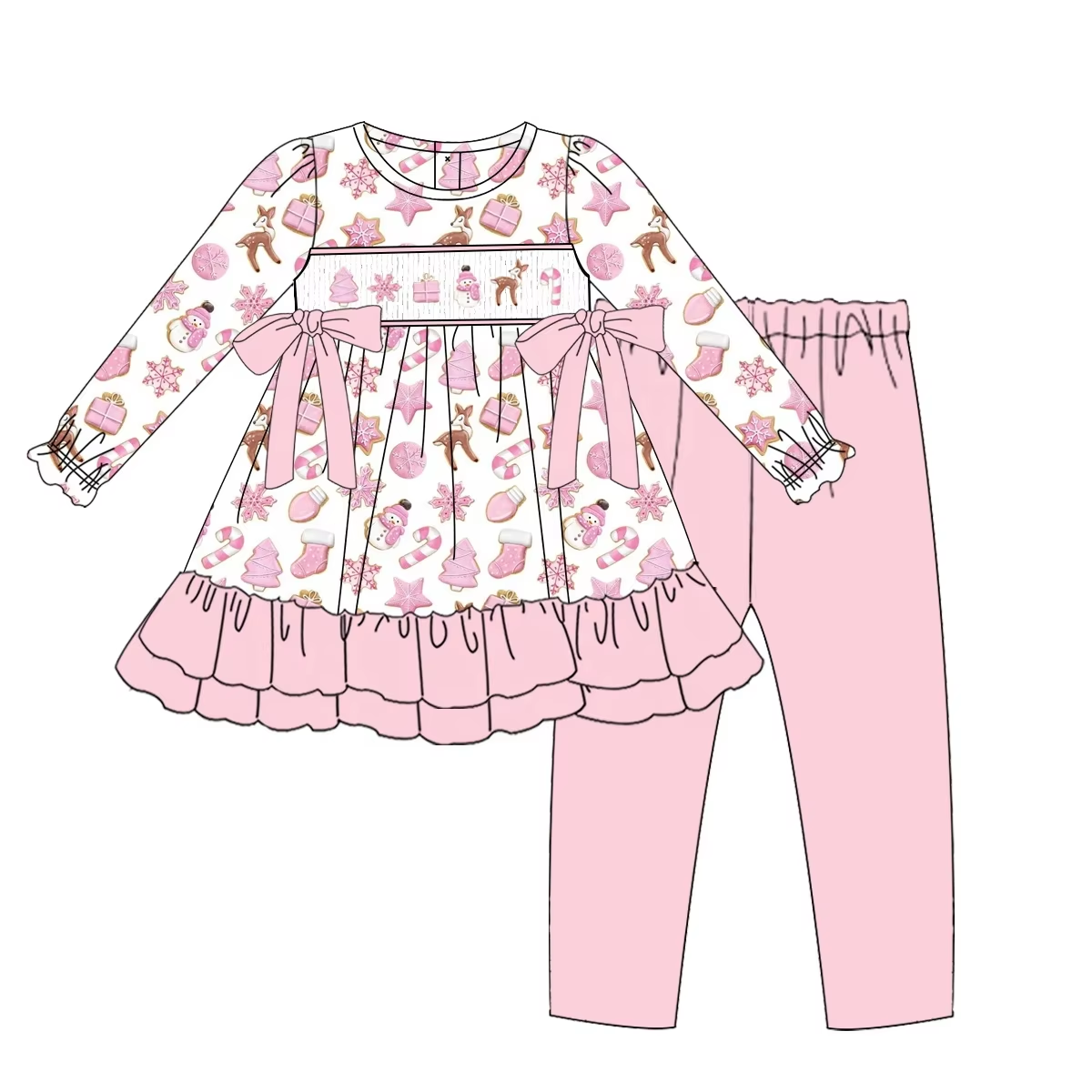 Custom moq 3 eta 6-8weeks Pink Snowflake Deer Bow Petal Edge Long Suit