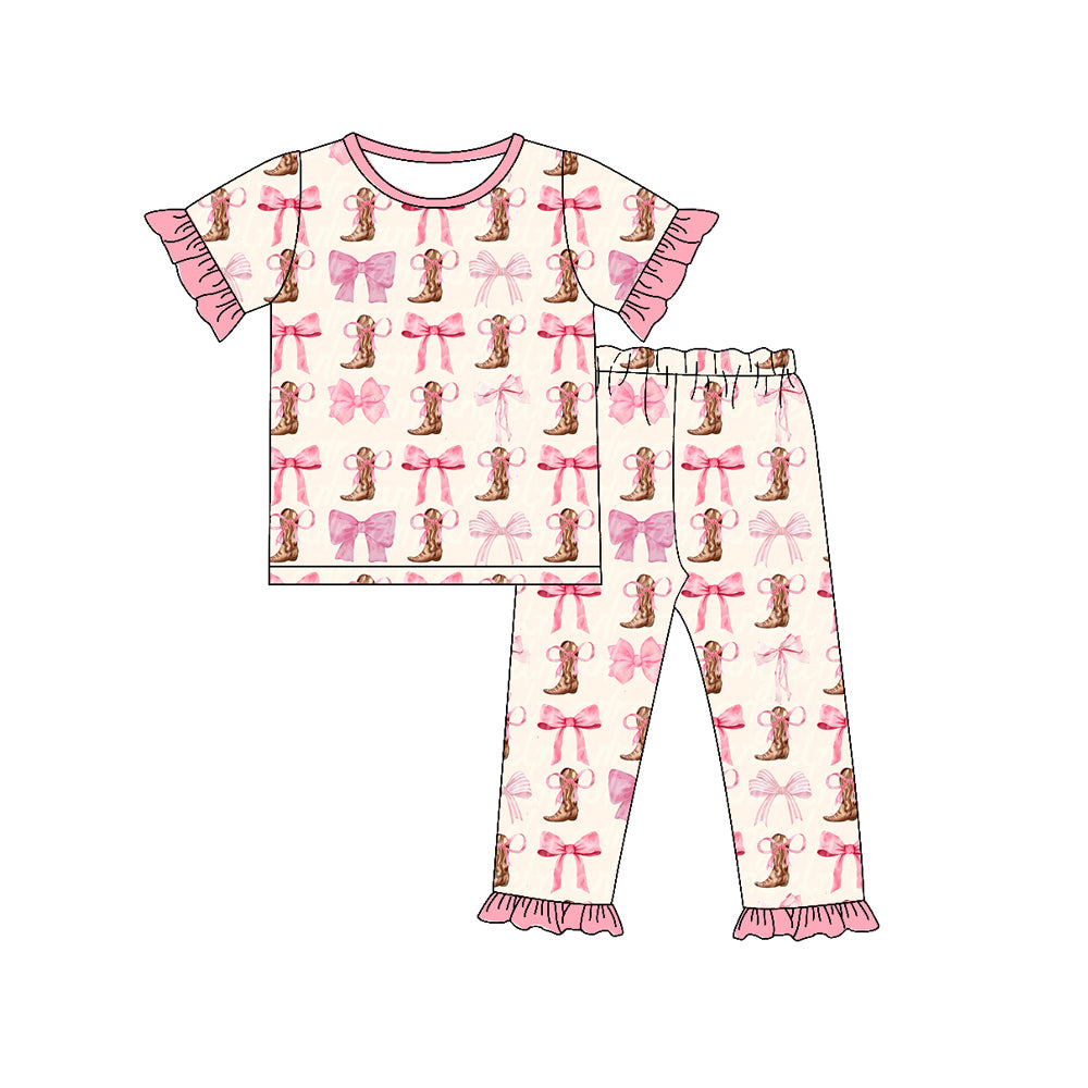 5.20custom each style moq 5eta 4-5week Sibling Sister Spring boots bow print pink girls outfits and baby romper match family design