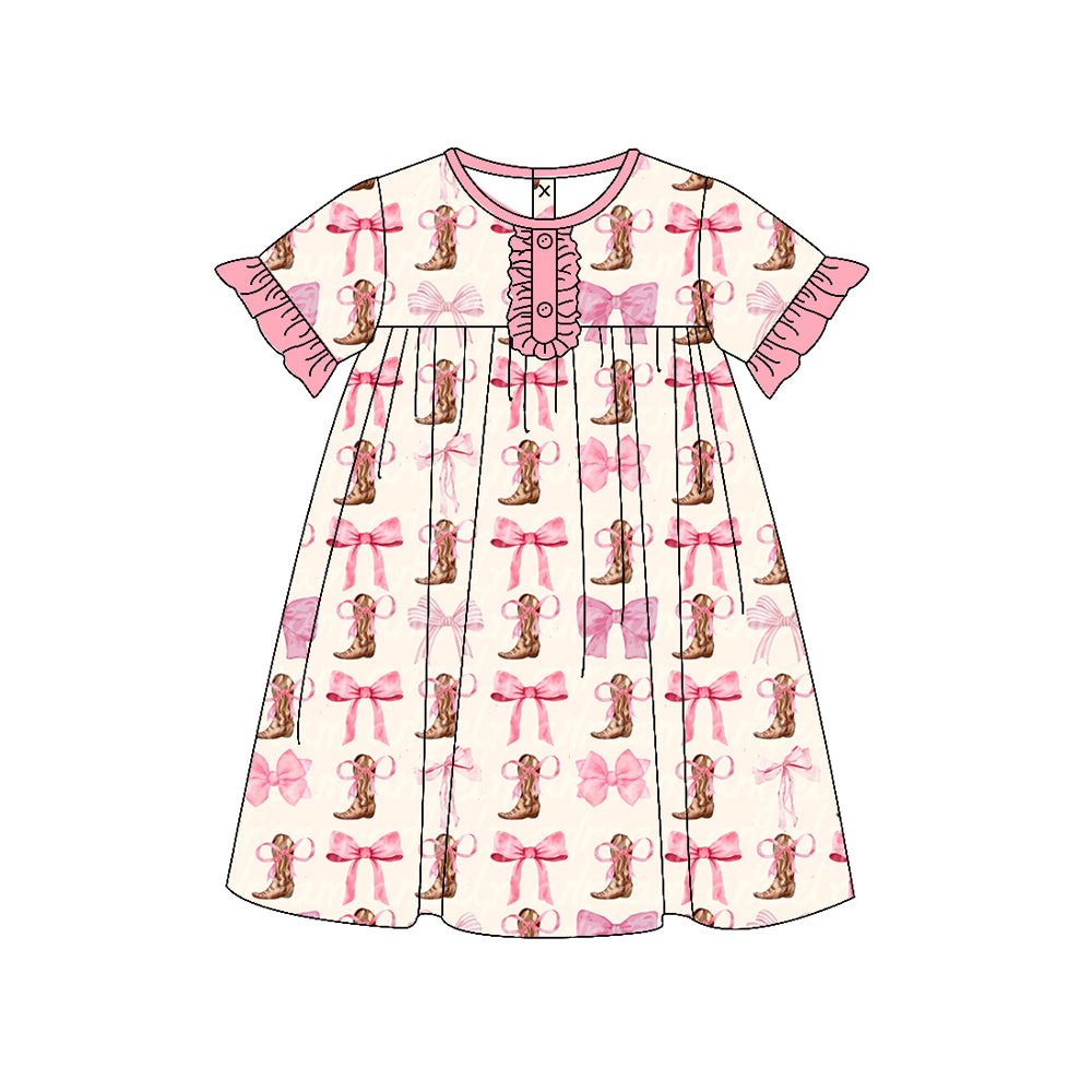 5.20custom each style moq 5eta 4-5week Sibling Sister Spring boots bow print pink girls outfits and baby romper match family design