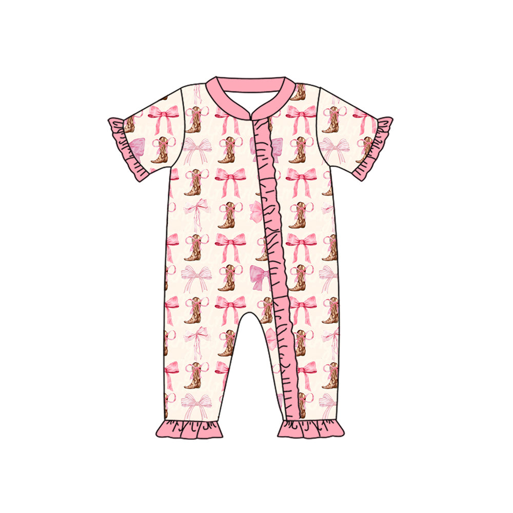 5.20custom each style moq 5eta 4-5week Sibling Sister Spring boots bow print pink girls outfits and baby romper match family design