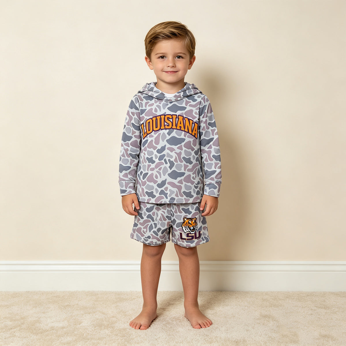 NEW RTS NO MOQ milk silk BLS0045 Baby Boys Grey Camo Letter Print Long Sleeve Hoodie Casual Shorts Team Set