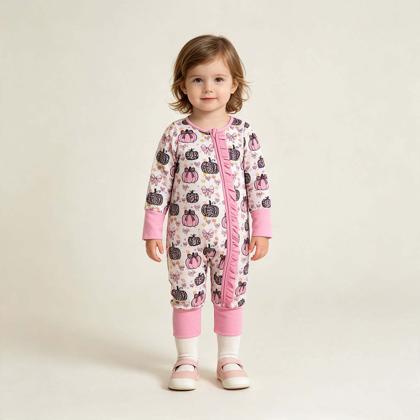 NEW RTS NO MOQ milk silk LR3061 Baby Girls Pink Bow Leopard Pumpkin Print Long Sleeve Zip Romper