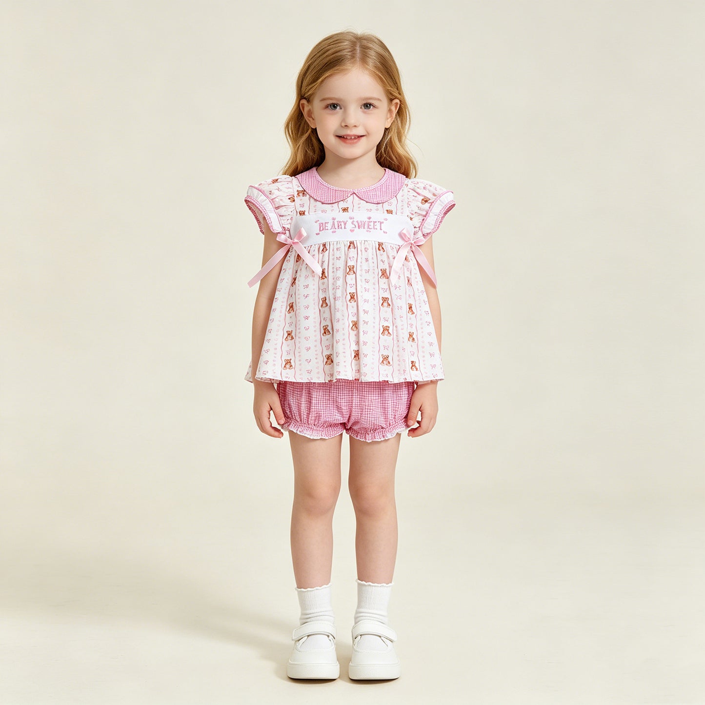 RTS NO MOQ milk silk GBO0520 Baby Girls Cute Embroidery Heart Bear Stripe Tunic Bummies Sets