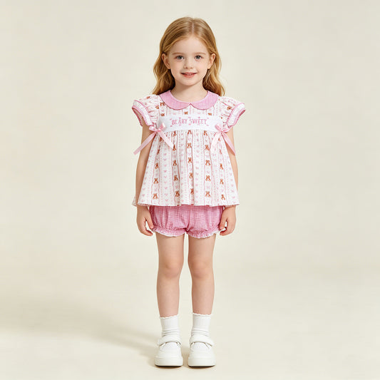 RTS NO MOQ milk silk GBO0520 Baby Girls Cute Embroidery Heart Bear Stripe Tunic Bummies Sets
