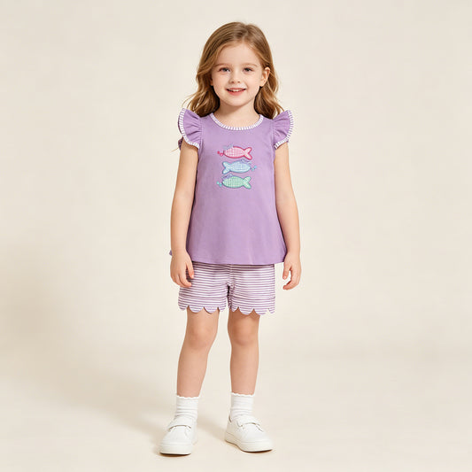 RTS NO MOQ milk silk GSSO3242 Baby Girls Embroidery Fish Scallop Stripe Tunic Shorts Hunting Set
