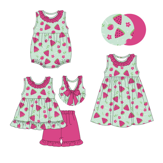 4.17 custom each style moq 5eta 4-6week Sibling Sisters watermelon floral baby girl short sleeve shorts sets and dress and rompers match family design