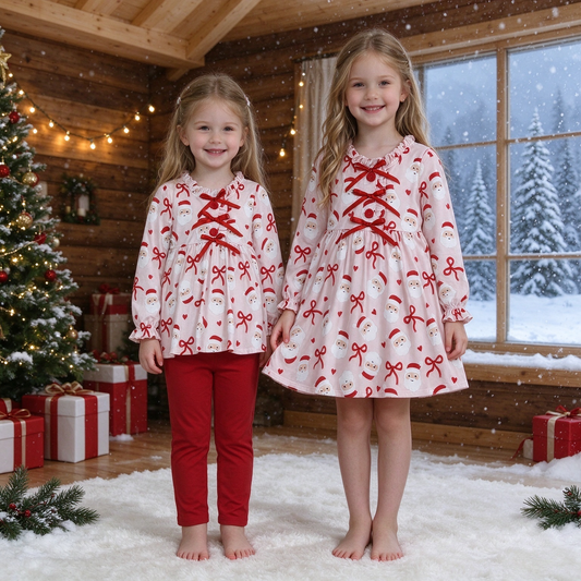 RTS NO MOQ Sibling milk silk Baby Girls Pink Santa Hearts Ruffle Top Pants Set Dress