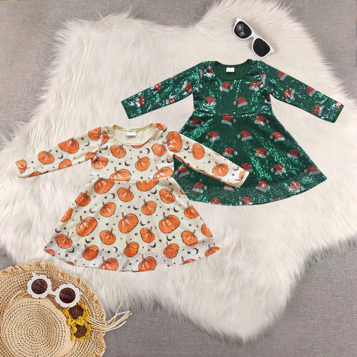 RTS NO MOQ Sibling baby girls clothes pumpkin long-sleeved dresses