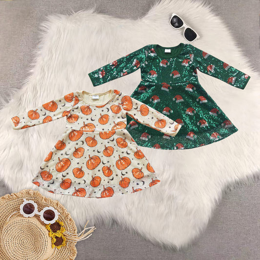RTS NO MOQ Sibling baby girls clothes pumpkin long-sleeved dresses