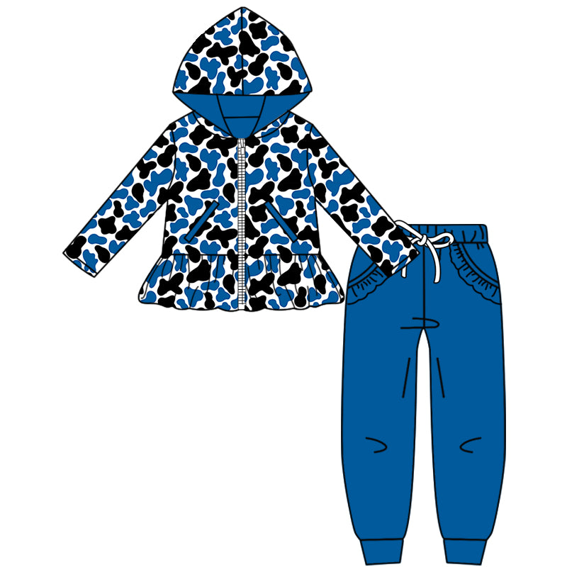 Custom moq 5 mix size milk silk summer teams baby girls clothes camouflage blue hooded long sleeve pants sets 2 and boy pants sets and pant-25.8.9