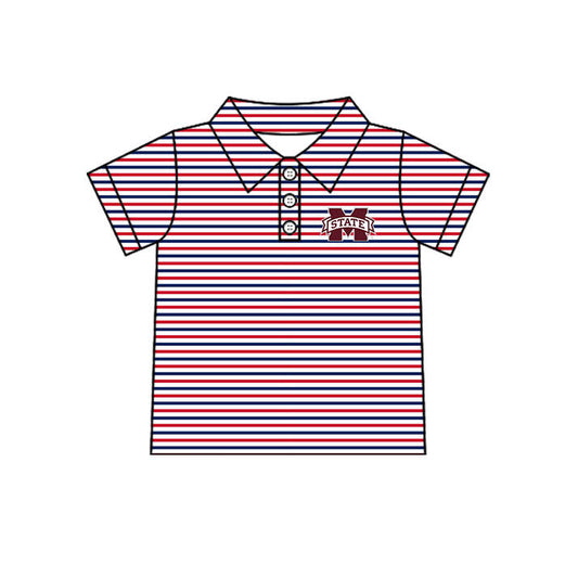Custom moq 5 mix size milk silk summer teams Boys Red Striped Button Down Short Sleeve Polo Shirt