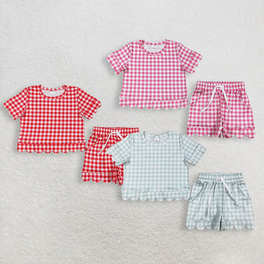 RTS NO MOQ Sibling Baby Girls Checked Shirt Top with Scallop Pockets And Shorts Outfit