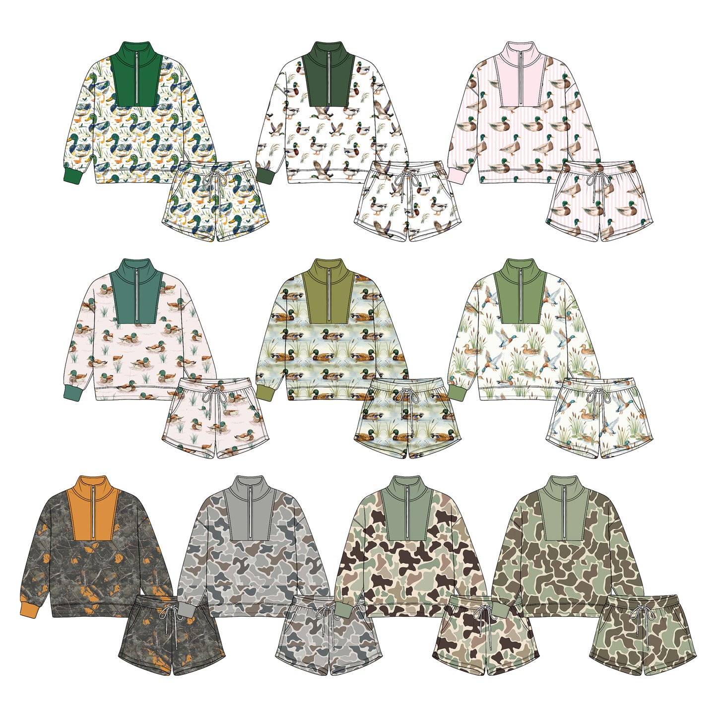 (Preorder new) No moq Baby Girls Boys Camo Print Half Zip Stand Collar Long Sleeve Top Drawstring Short Fall Casual Clothing Set
