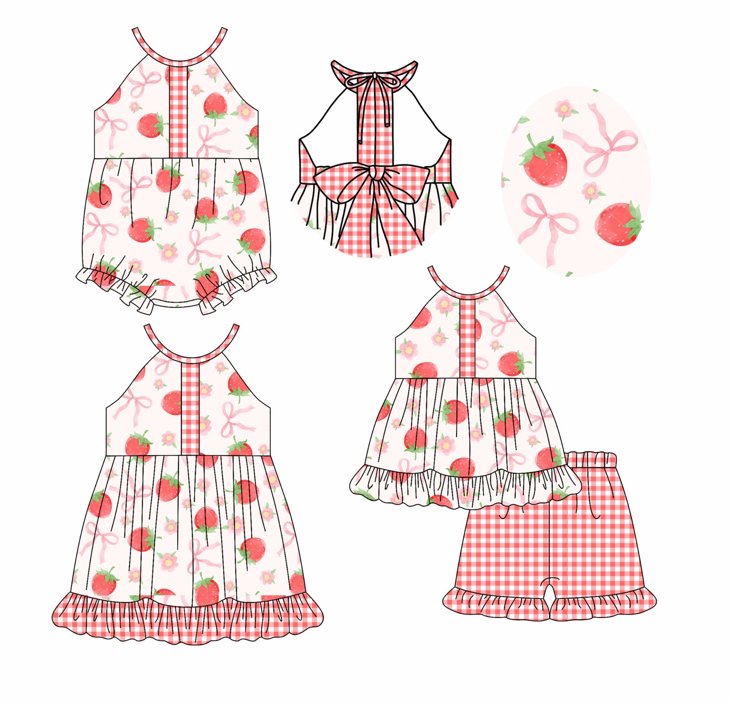 2.20 custom each style moq 5eta 4-6week Sibling Sisters strawberry bow baby girl short sleeve shorts sets and dress and rompers match family design