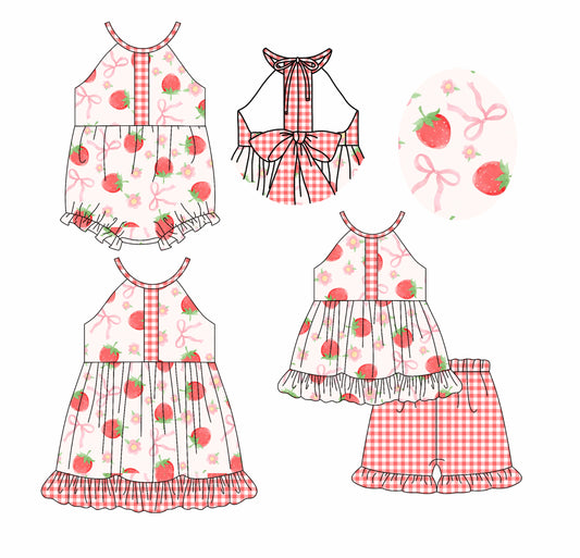 2.20 custom each style moq 5eta 4-6week Sibling Sisters strawberry bow baby girl short sleeve shorts sets and dress and rompers match family design