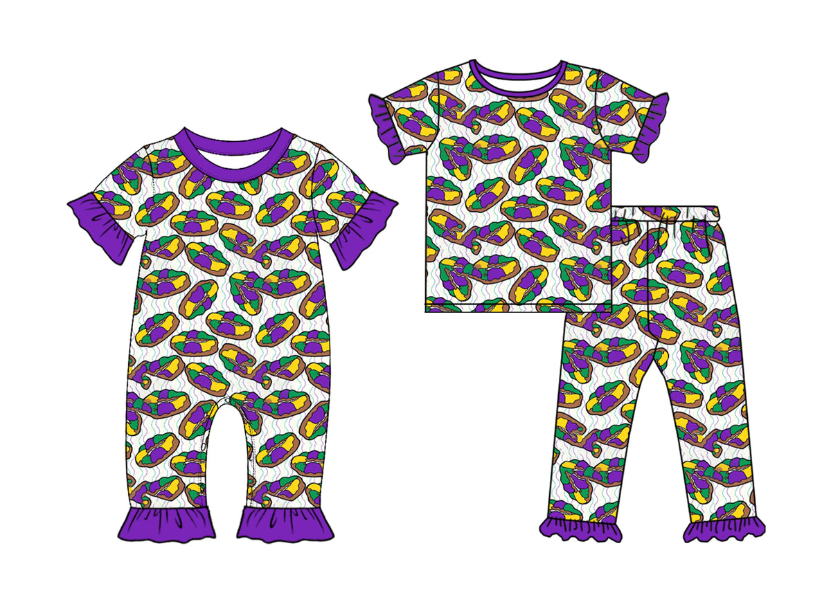 (Preorder new) No moq Baby Girls Print Ruffle Short Sleeve Romper And Girls Ruffle Top Pants Pajamas Set