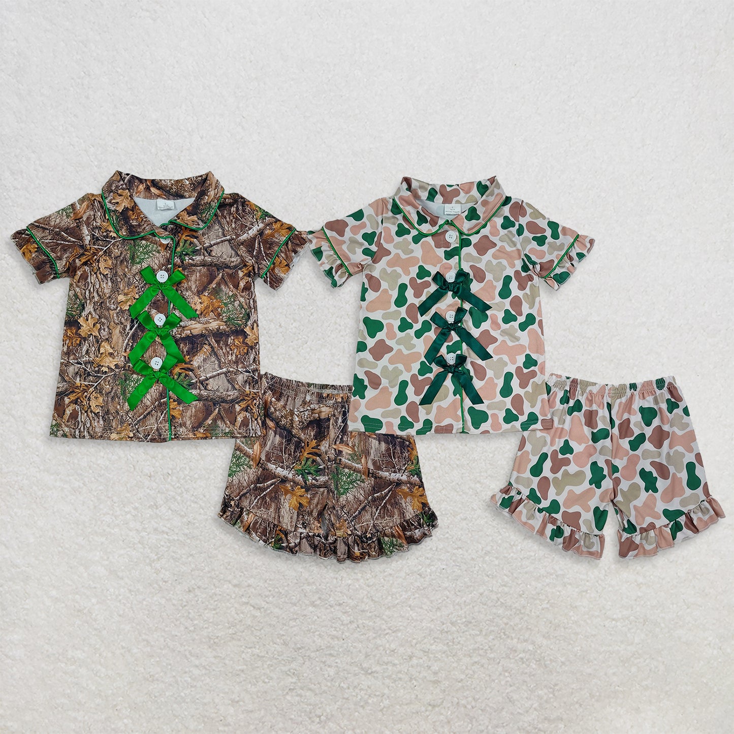 RTS NO MOQ Sibling milk silk Baby Girls Camo Bow Print Button Front Top Matching Ruffle Shorts Pajamas Clothes Set