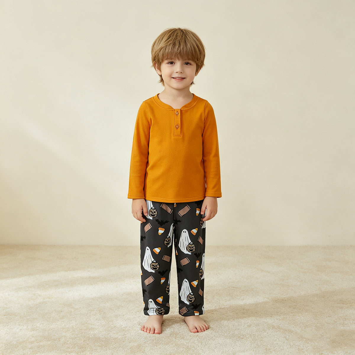 NEW RTS NO MOQ milk silk BLP1546 Baby Boys Orange Button Top Ghosts Pumpkins Pant Halloween Clothes Set Fall Holiday Casual Outfit