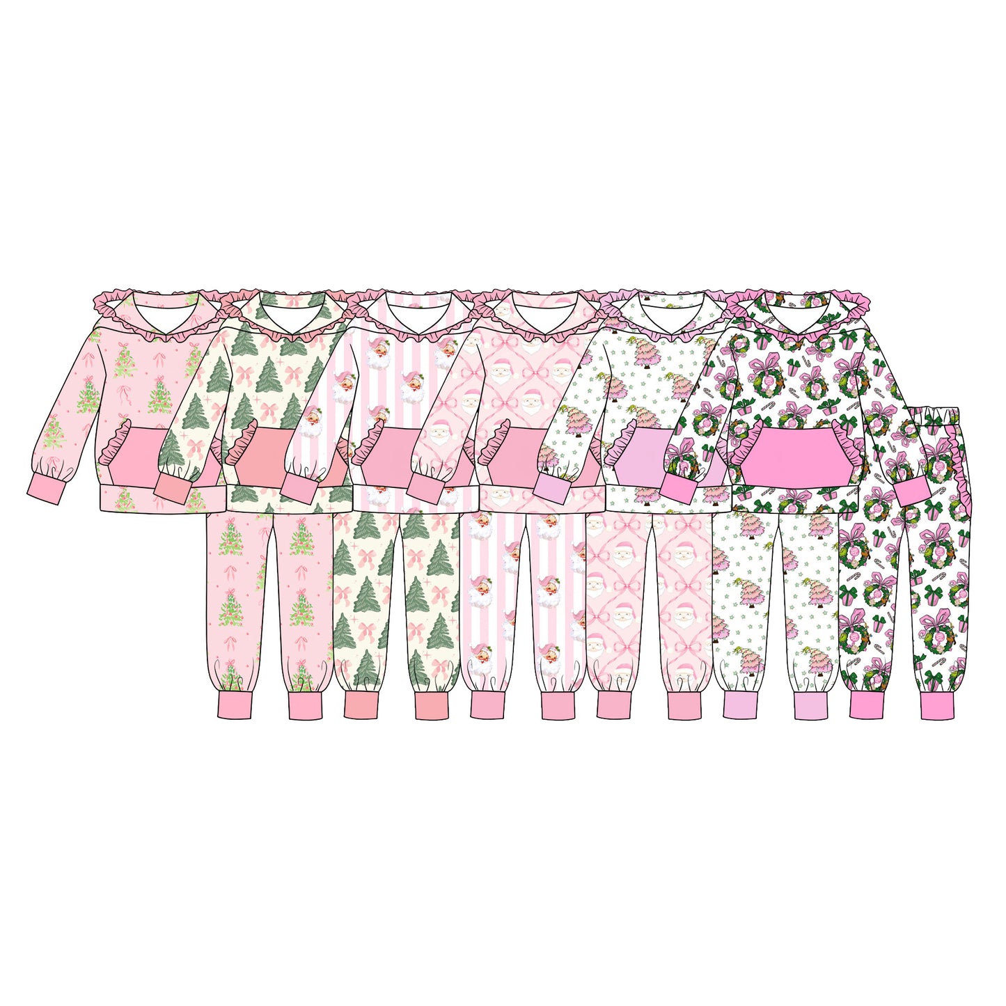 (Preorder new) No moq Baby Girls Christmas Pink Bow Santa Print Long Sleeve Hoodie Jogger Pants Outfit Set