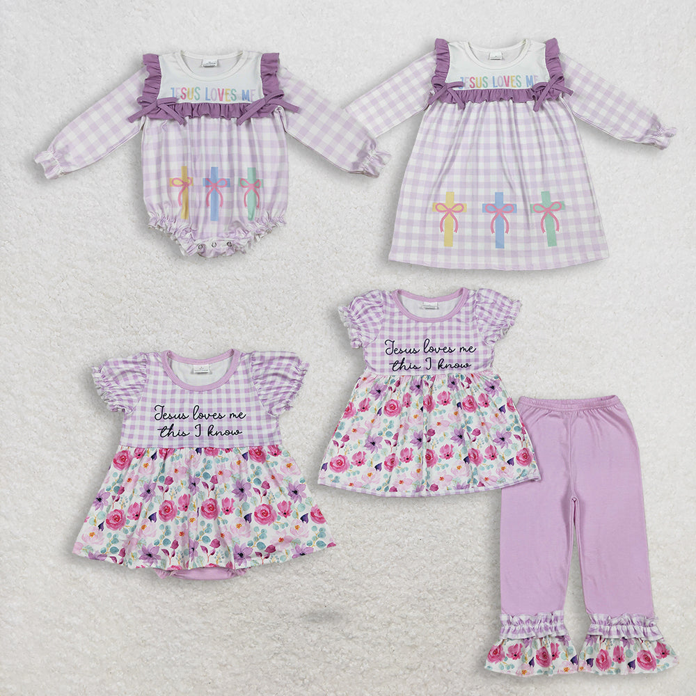 RTS NO MOQ Sibling Sibling Baby Girls' Flowers Checked 'Jesus Love Me' Tunic Ruffle Pants Set rompers