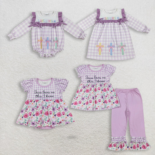 RTS NO MOQ Sibling Sibling Baby Girls' Flowers Checked 'Jesus Love Me' Tunic Ruffle Pants Set rompers